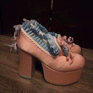Dollskill Sugarthrillz Blue and pink satin shoes US 5